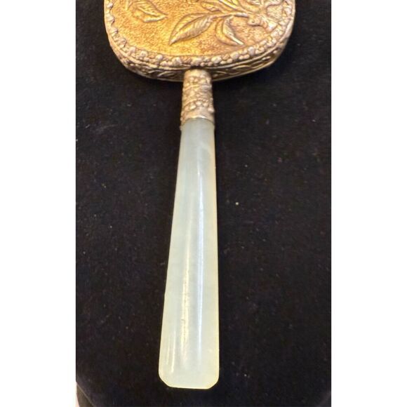 Vintage White Jade Hand Mirror Asian Bird Floral - Picture 8 of 10